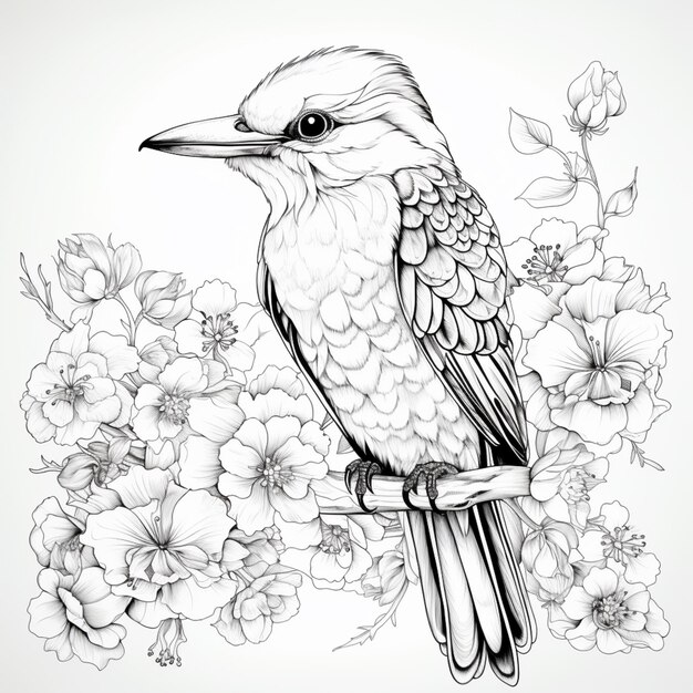 Arafed vogel zit op een tak met bloemen in de achtergrond generatieve ai