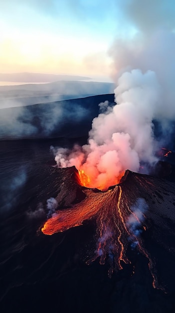 溶岩と溶岩が空気に流れ込むアラフェド火山の生成 AI