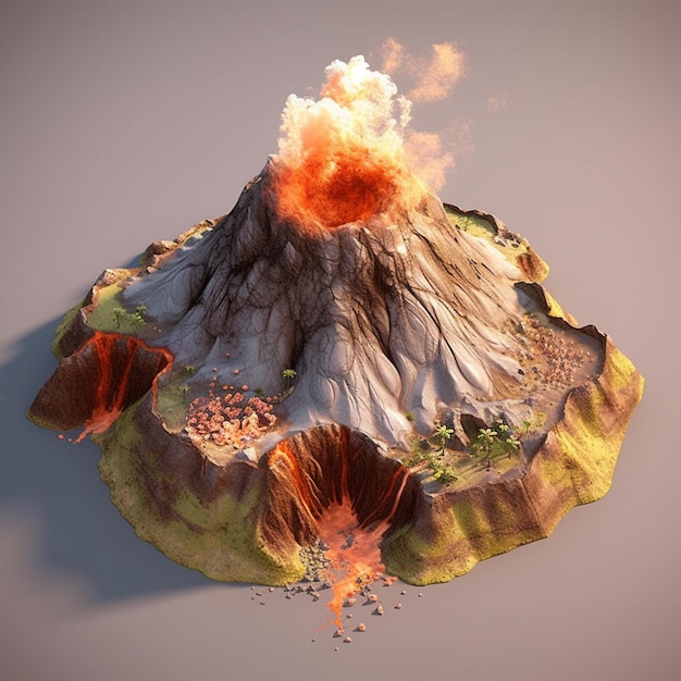 Foto vulcano arafed con una traiettoria di lava e lava su una pianura generativa ai