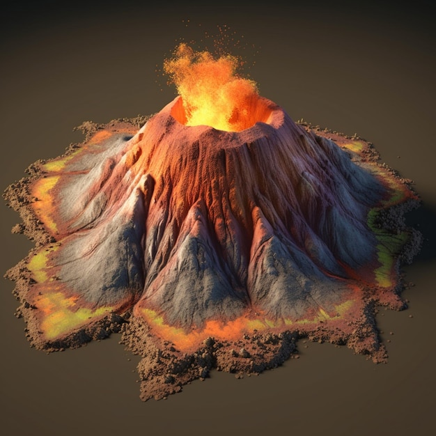 Арафированный вулкан с желтым и оранжевым огнем на вершине генеративного аи