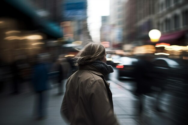 Arafed-vrouw die door een stadsstraat loopt met een generatieve ai van een mobiele telefoon