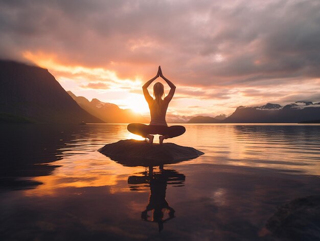 Arafed vrouw die yoga doet op een rots in het midden van een meer generatieve ai