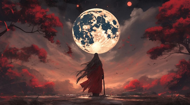 Arafed vrouw in een rode mantel die voor een volle maan staat generatieve ai
