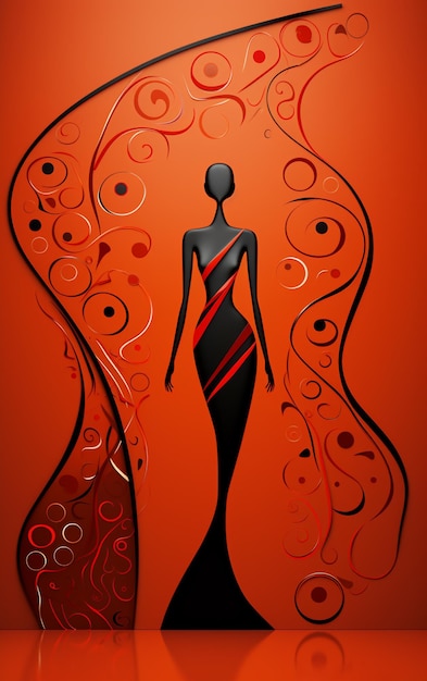 Arafed vrouw in een zwarte jurk met rode strepen en wervelingen generatieve ai