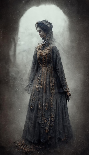 arafed vrouw in een zwarte jurk staande in een donker bos generatieve ai
