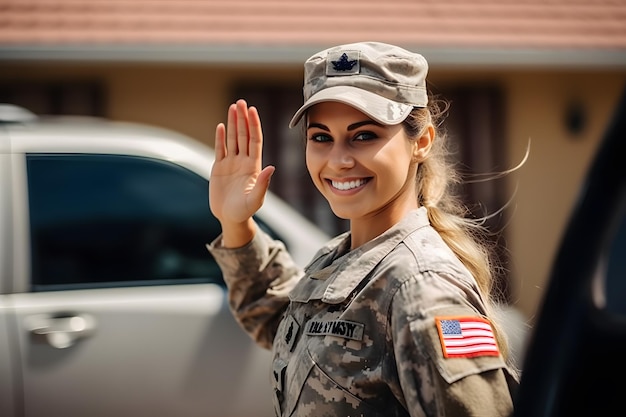 Arafed vrouw in uniform die haar hand zwaait voor een auto Generatieve AI