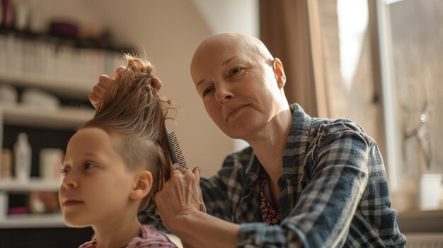 Foto arafed vrouw kamt een jong meisje haar in een salon generatieve ai