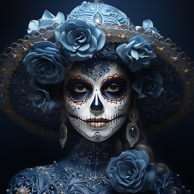 Arafed vrouw met blauwe rozen en een hoed met een schedel erop generatieve ai