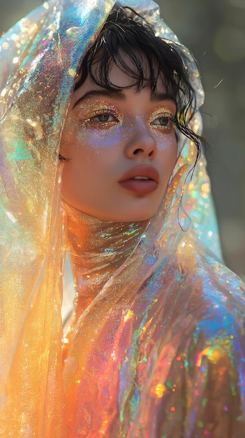 Arafed vrouw met een sluier en glitter op haar gezicht Holo Textures