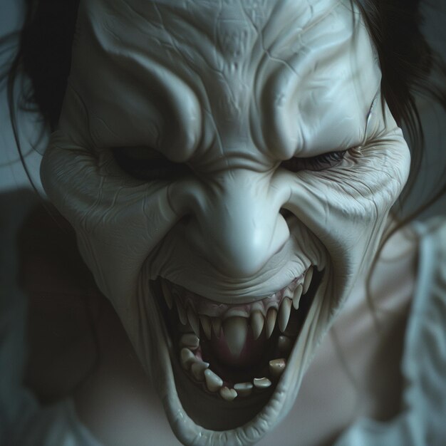Arafed vrouw met een wit masker en tanden met een tande glimlach generatieve ai