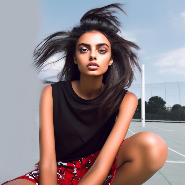 Foto arafed vrouw zit op een tennisbaan met haar haar vliegend in de wind generatieve ai