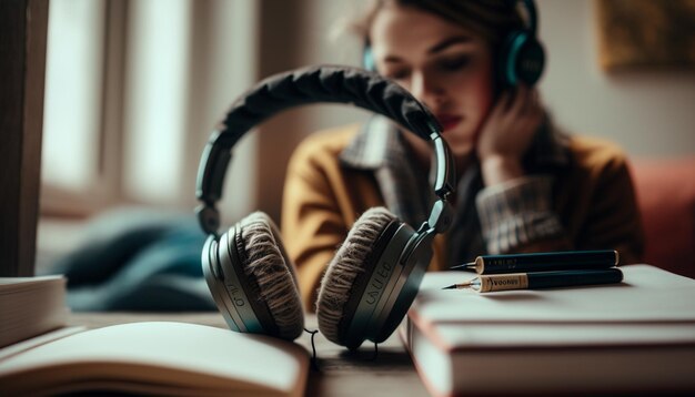 Arafed vrouw zittend aan een tafel met koptelefoon op en een boek generatieve ai