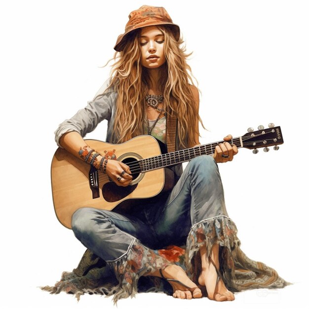 arafed vrouw zittend op de grond met een gitaar generatieve ai