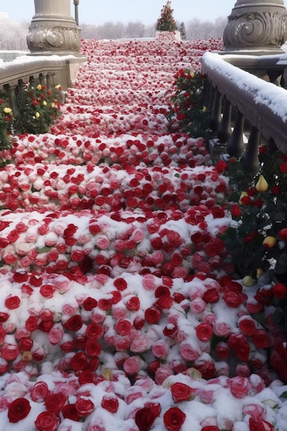 赤いバラと緑の生成 AI で雪に覆われたアラフェドの歩道
