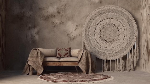 arafed wall with a round rug and a couch in a room generative ai