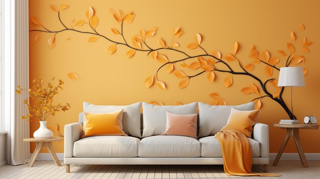 arafed wall with a tree branch and orange pillows on a couch generative ai