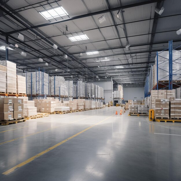 Photo arafed warehouse with pallets and boxes on the floor generative ai