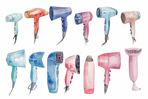 Photo arafed watercolor illustration of a bunch of hair dryers generative ai