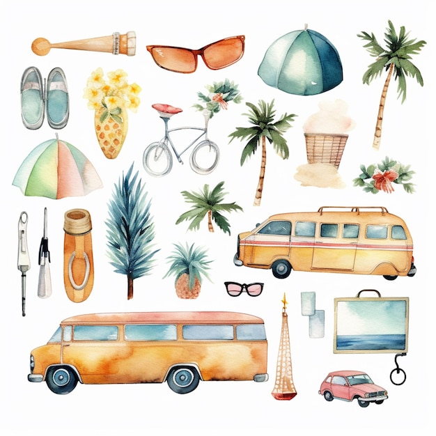 Arafed watercolor illustration of a set of travel items generative ai