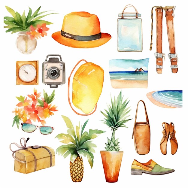 Photo arafed watercolor illustration of a variety of items including a hat generative ai