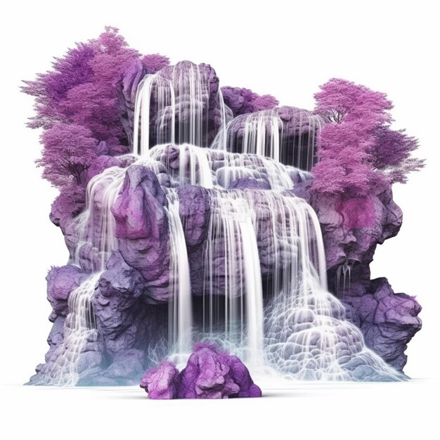 Arafed waterfall with purple trees and rocks in the background generative ai