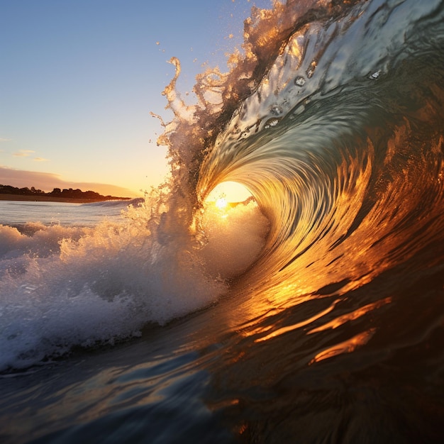 Arafed wave breaking on the beach at sunset with a clear sky generative ai