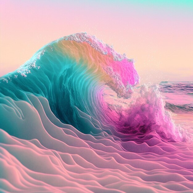 Arafed wave in the ocean with a rainbow colored sky generative ai