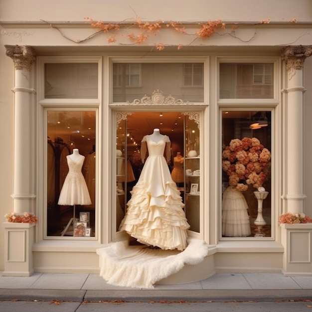 Arafed wedding dress in a window display in a store generative ai