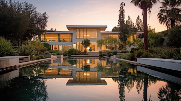 arafed weergave van een huis met een zwembad en palmbomen generatieve ai