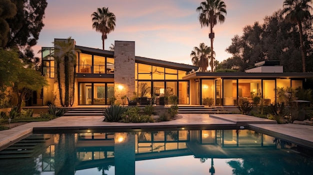 arafed weergave van een huis met een zwembad en palmbomen generatieve ai