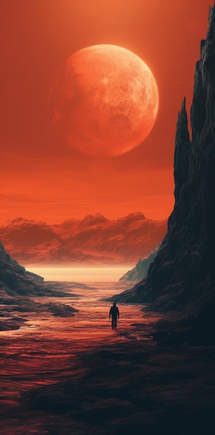 arafed weergave van een man die door een woestijn loopt met een rode maan op de achtergrond generatieve ai