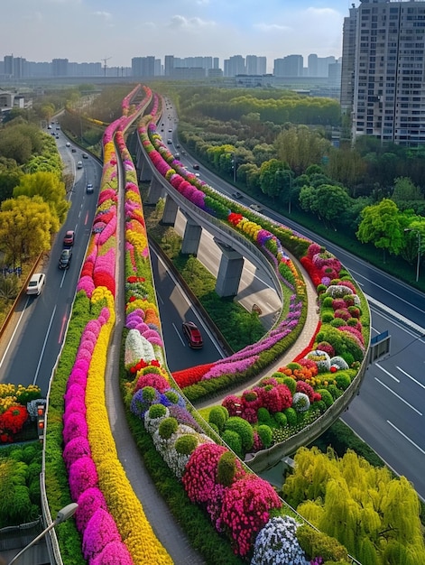 Foto arafed weg met een lange rij van kleurrijke bloemen aan de zijkant generatieve ai