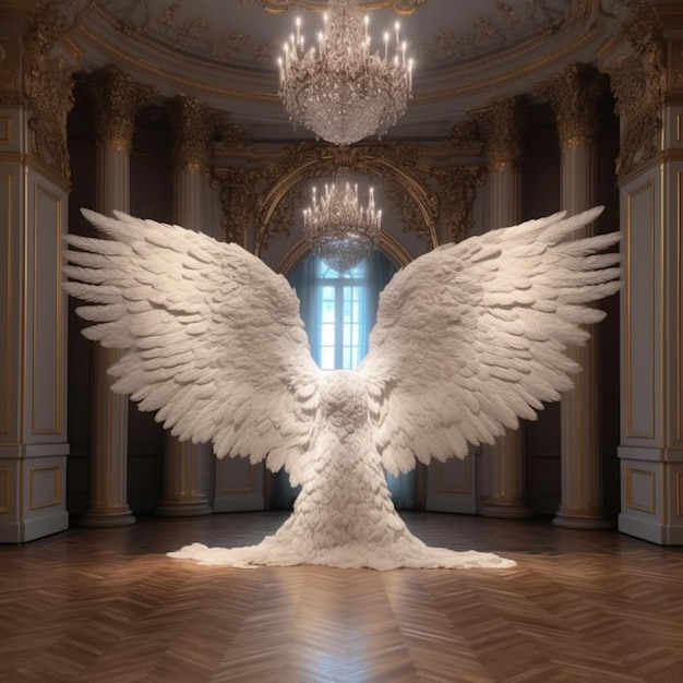 Photo arafed white angel wings in a large room with chandelier generative ai