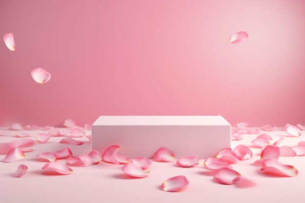 Arafed white box surrounded by petals of pink rose petals generative ai