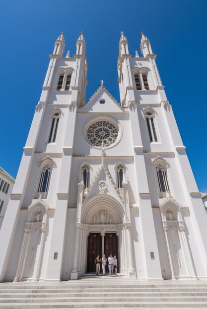 Arafed white church with a clock tower and steps leading up to it generative ai