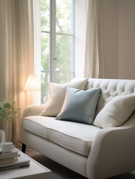 Arafed white couch with pillows and a lamp in a living room generative ai