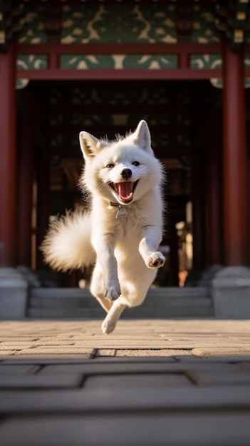 arafed white dog running in front of a building with a red door generative ai