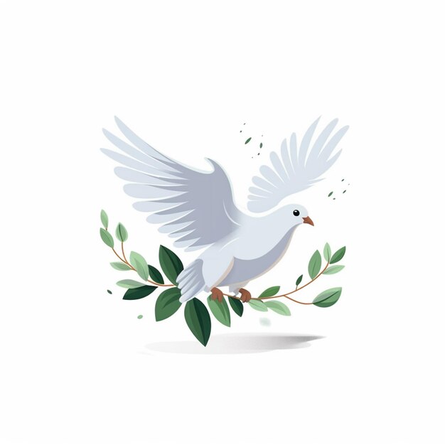 Arafed white dove with green leaves flying in the air generative ai