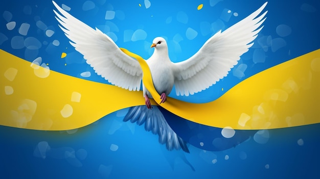 Arafed white dove with yellow ribbon on blue background generative ai