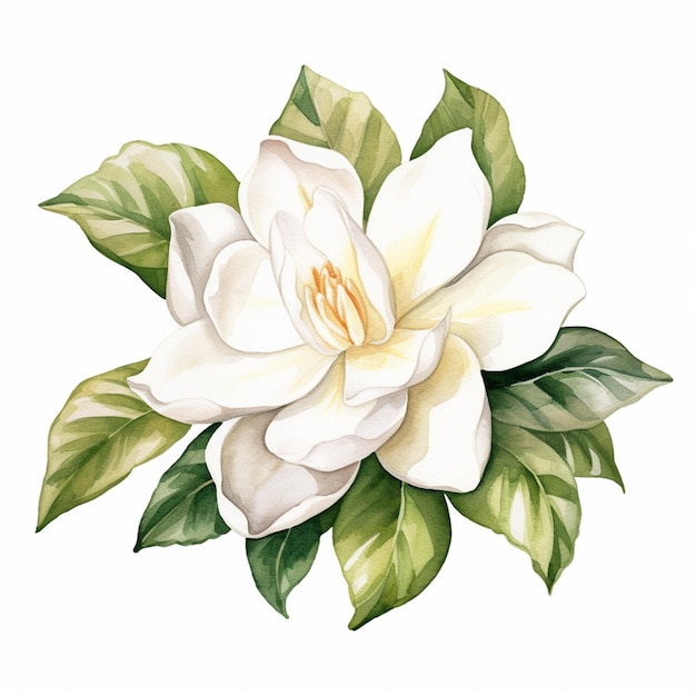 Arafed white flower with green leaves on a white background generative ai