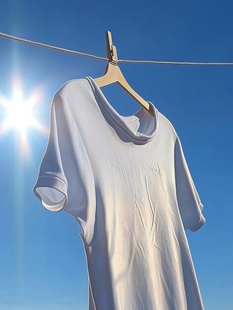 arafed white shirt hanging on a clothes line with sun shining in the background generative ai