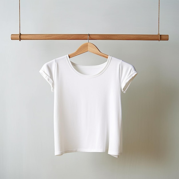 Arafed white shirt hanging on a wooden hanger on a wall generative ai