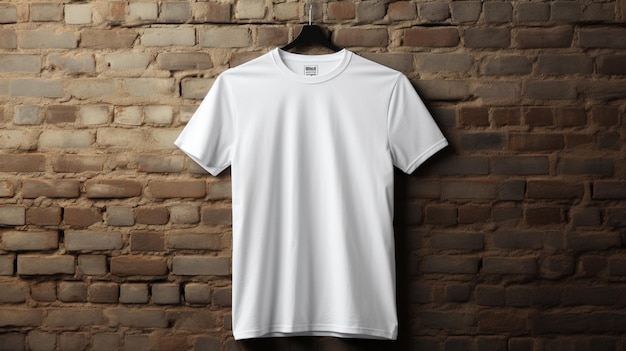 Arafed white t shirt hanging on a brick wall with a brick wall behind it generative ai