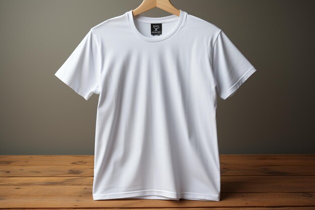 Photo arafed white t shirt hanging on a wooden hanger generative ai