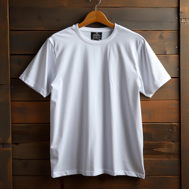 Arafed white t shirt hanging on a wooden wall generative ai