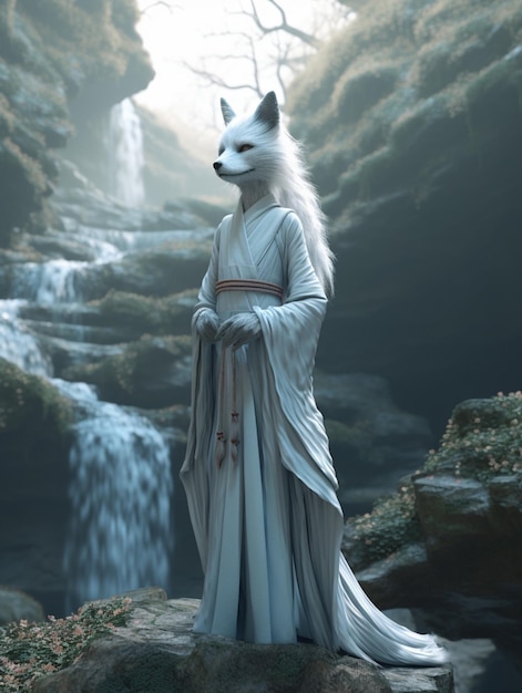 Arafed white wolf in a white robe standing on a rock in front of a waterfall generative ai