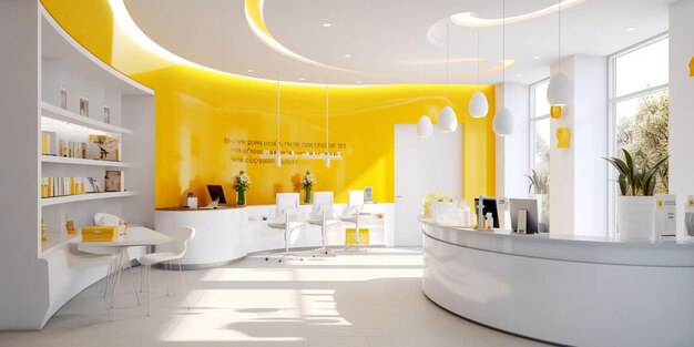 Arafed white and yellow salon with a counter and chairs generative ai