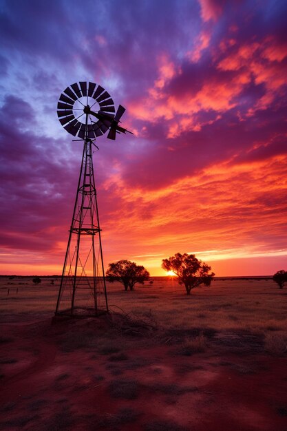 arafed windmill in a field with a sunset in the background generative ai