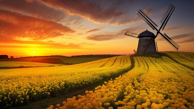 Arafed windmill in a field of yellow flowers at sunset generative ai