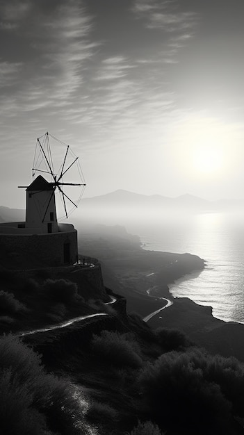 arafed windmolen op een heuvel met uitzicht op de oceaan en een generatieve berg